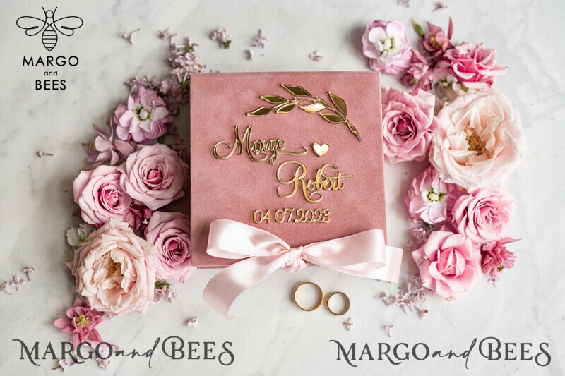Blush Pink Golden velvet Wedding Ring Box for ceremony, Ring Box for Wedding Ceremony 3 rings velvet, Boho Glam Wedding Ring Boxes his hers, Luxury Velvet Ring box double Custom Colors-2