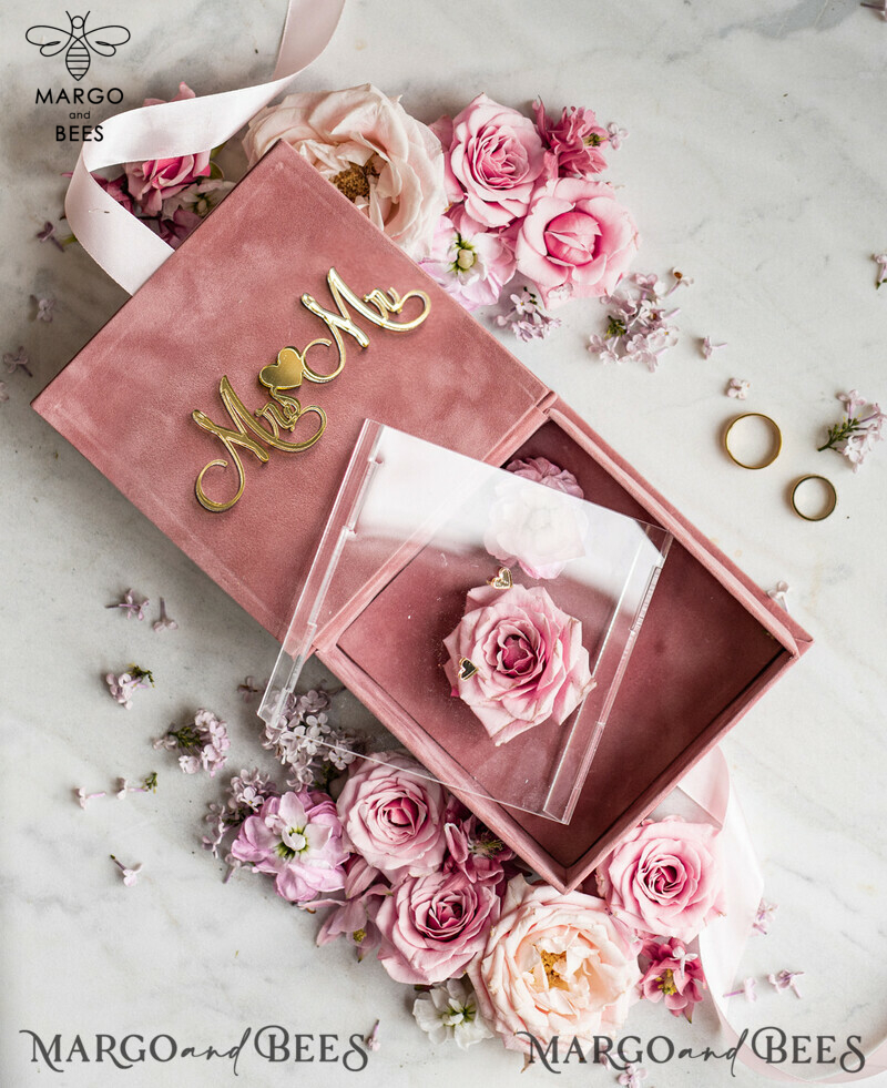 Blush Pink Golden velvet Wedding Ring Box for ceremony, Ring Box for Wedding Ceremony 3 rings velvet, Boho Glam Wedding Ring Boxes his hers, Luxury Velvet Ring box double Custom Colors-4