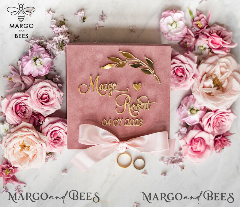 Blush Pink Golden velvet Wedding Ring Box for ceremony, Ring Box for Wedding Ceremony 3 rings velvet, Boho Glam Wedding Ring Boxes his hers, Luxury Velvet Ring box double Custom Colors-5