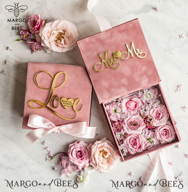Luxury Blush Pink Golden Velvet Wedding Ring Box for Ceremony with Custom Colors: Glamour and Elegance for Your Special Day-0