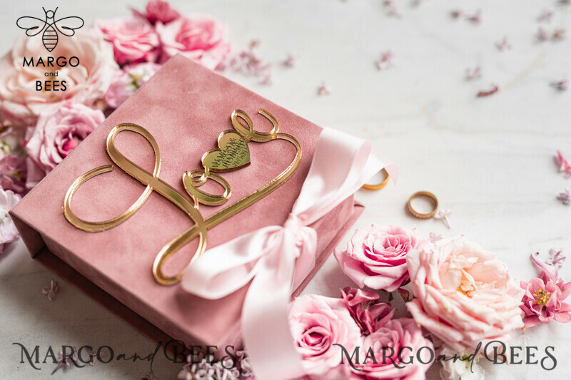 Luxury Blush Pink Golden Velvet Wedding Ring Box for Ceremony with Custom Colors: Glamour and Elegance for Your Special Day-6
