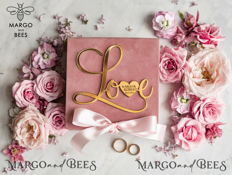 Luxury Blush Pink Golden Velvet Wedding Ring Box for Ceremony with Custom Colors: Glamour and Elegance for Your Special Day-9