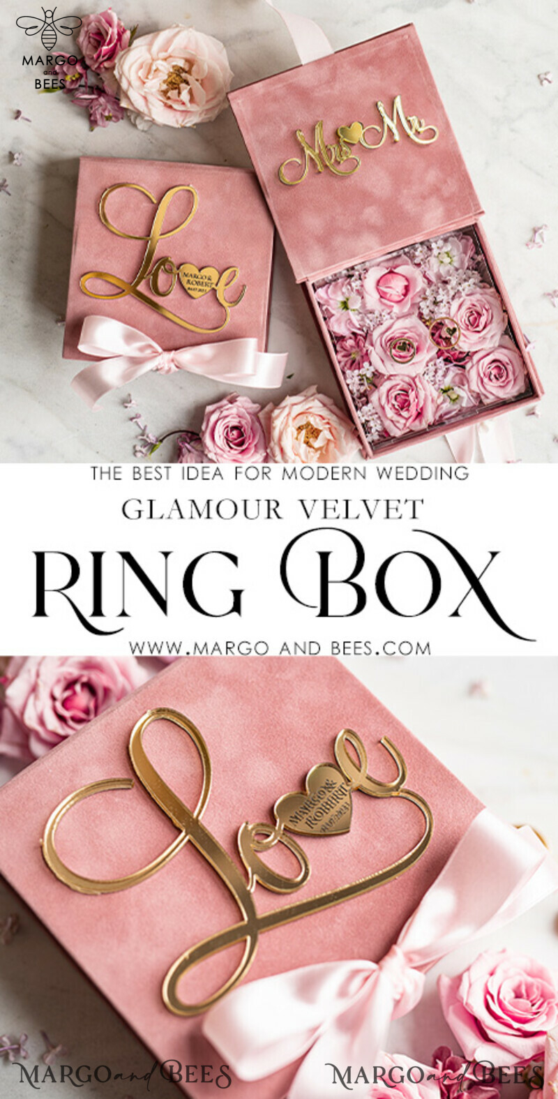 Luxury Blush Pink Golden Velvet Wedding Ring Box for Ceremony with Custom Colors: Glamour and Elegance for Your Special Day-3