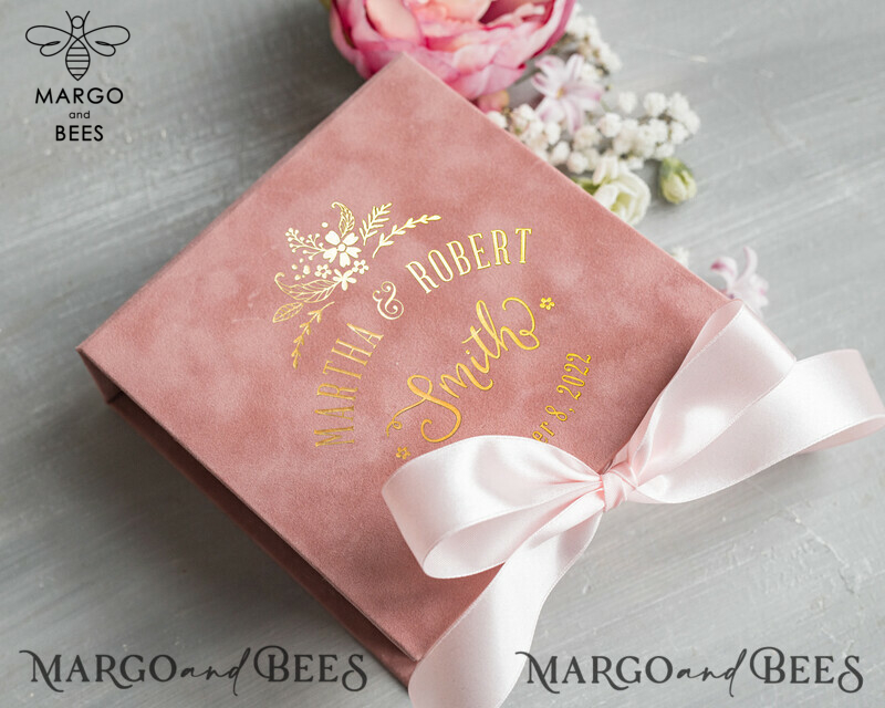 Luxury Velvet Blush Pink and Gold Wedding Rings Box: Handmade Elegance for your Special Day-2