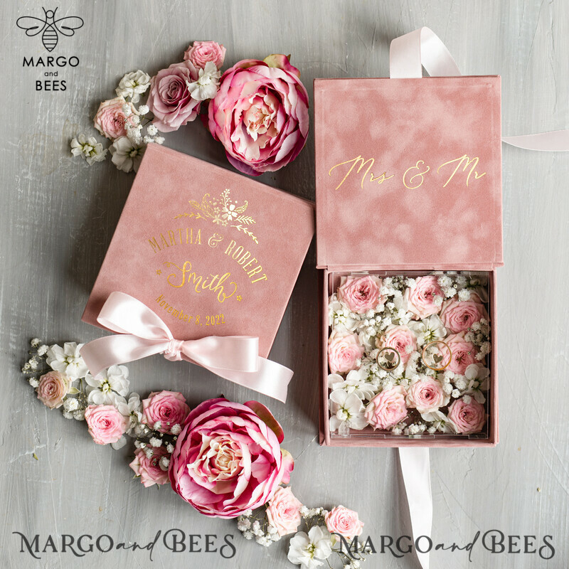 Luxury Velvet Blush Pink and Gold Wedding Rings Box: Handmade Elegance for your Special Day-0