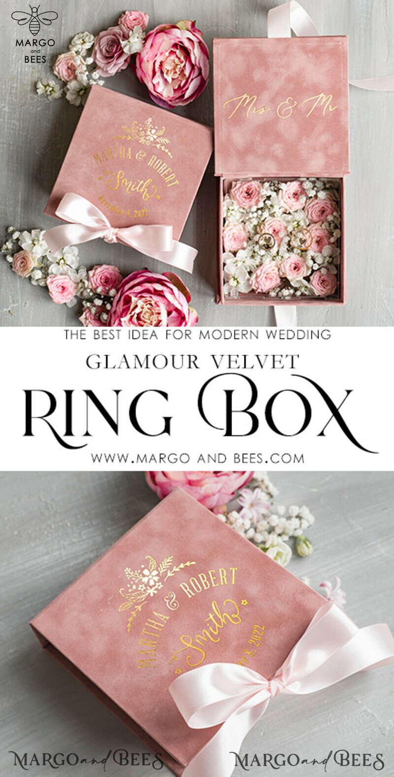 Luxury Velvet Blush Pink and Gold Wedding Rings Box: Handmade Elegance for your Special Day-3