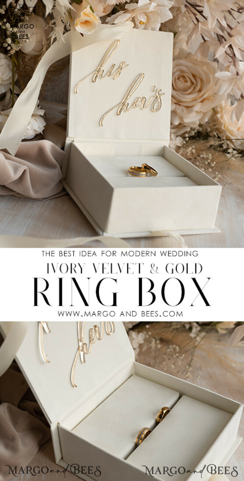 Luxury Ivory Wedding Ring Boxes: His and Hers Velvet Golden Double Box for a Garden Wedding-3