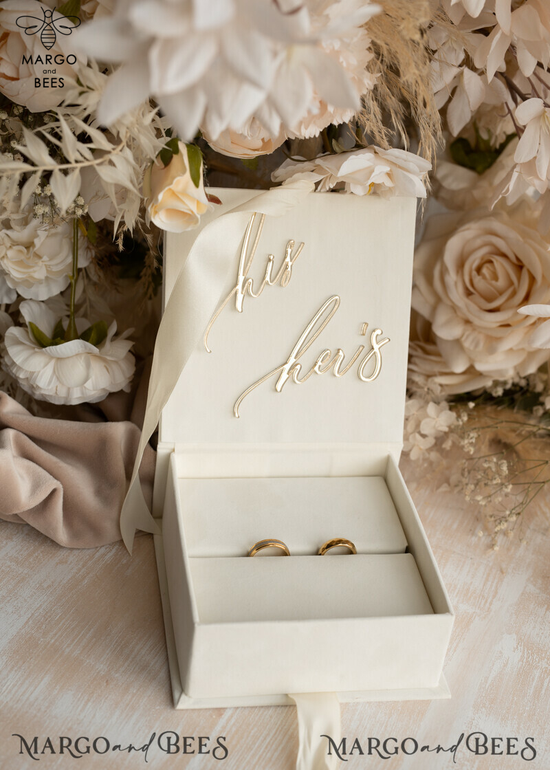 Luxury Ivory Wedding Ring Boxes: His and Hers Velvet Golden Double Box for a Garden Wedding-1