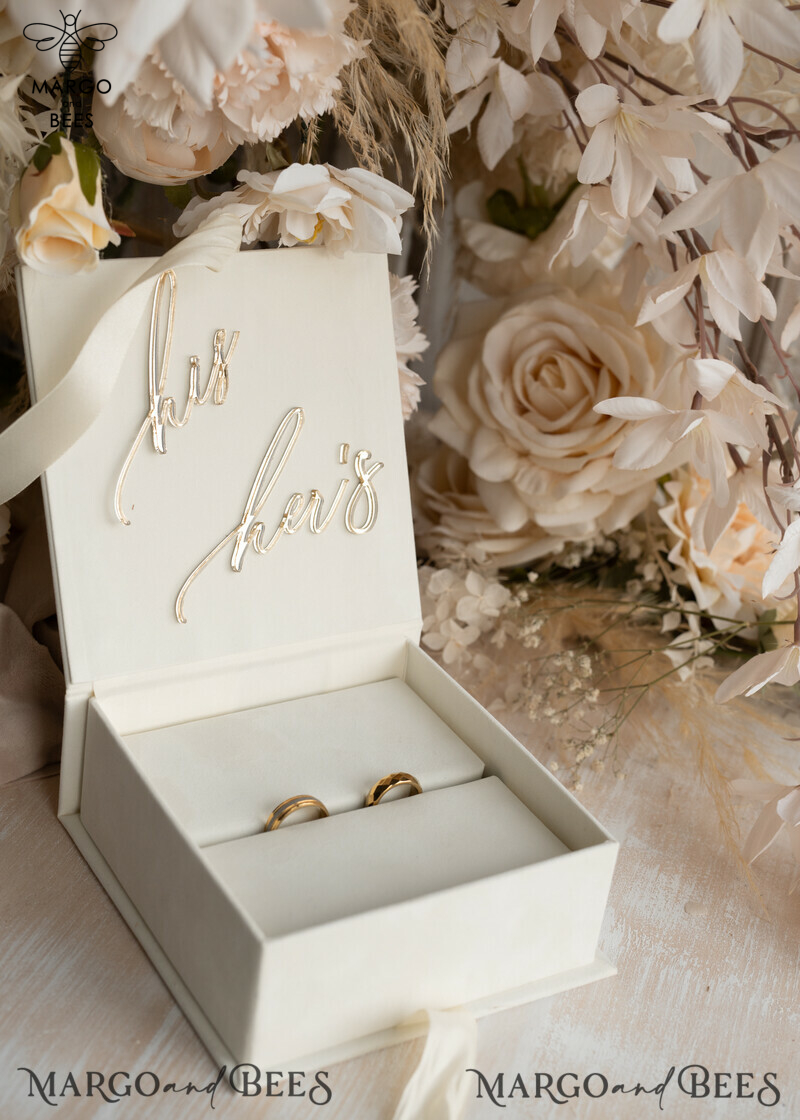 Luxury Ivory Wedding Ring Boxes: His and Hers Velvet Golden Double Box for a Garden Wedding-5
