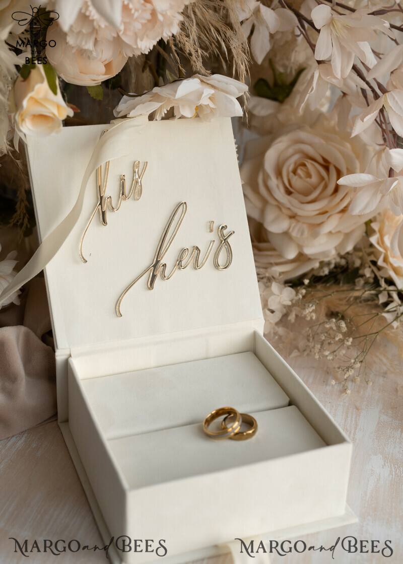 Luxury Ivory Wedding Ring Boxes: His and Hers Velvet Golden Double Box for a Garden Wedding-8