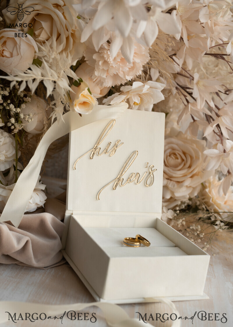 Luxury Ivory Wedding Ring Boxes: His and Hers Velvet Golden Double Box for a Garden Wedding-9