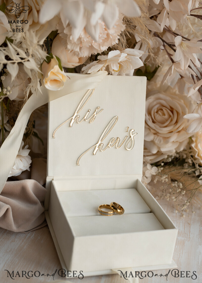 Luxury Ivory Wedding Ring Boxes: His and Hers Velvet Golden Double Box for a Garden Wedding-10