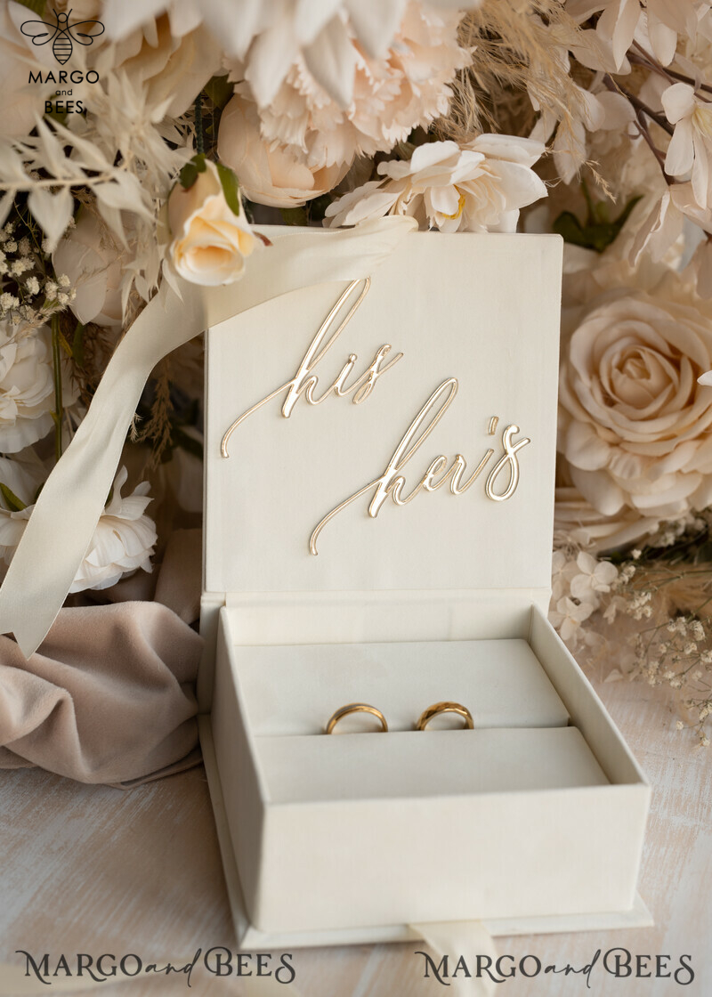 Luxury Ivory Wedding Ring Boxes: His and Hers Velvet Golden Double Box for a Garden Wedding-12