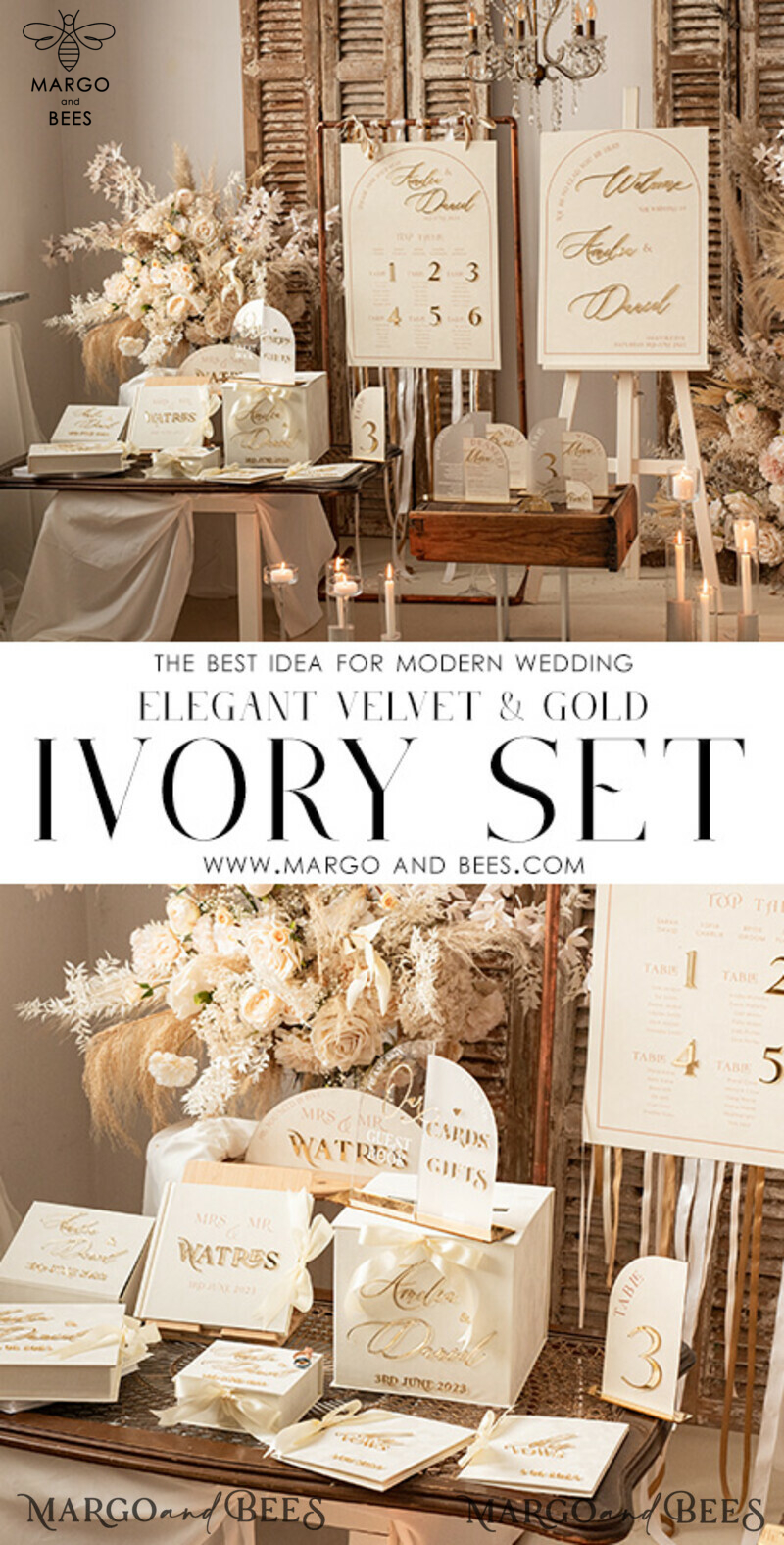 Luxury Ivory Wedding Ring Boxes: His and Hers Velvet Golden Double Box for a Garden Wedding-7