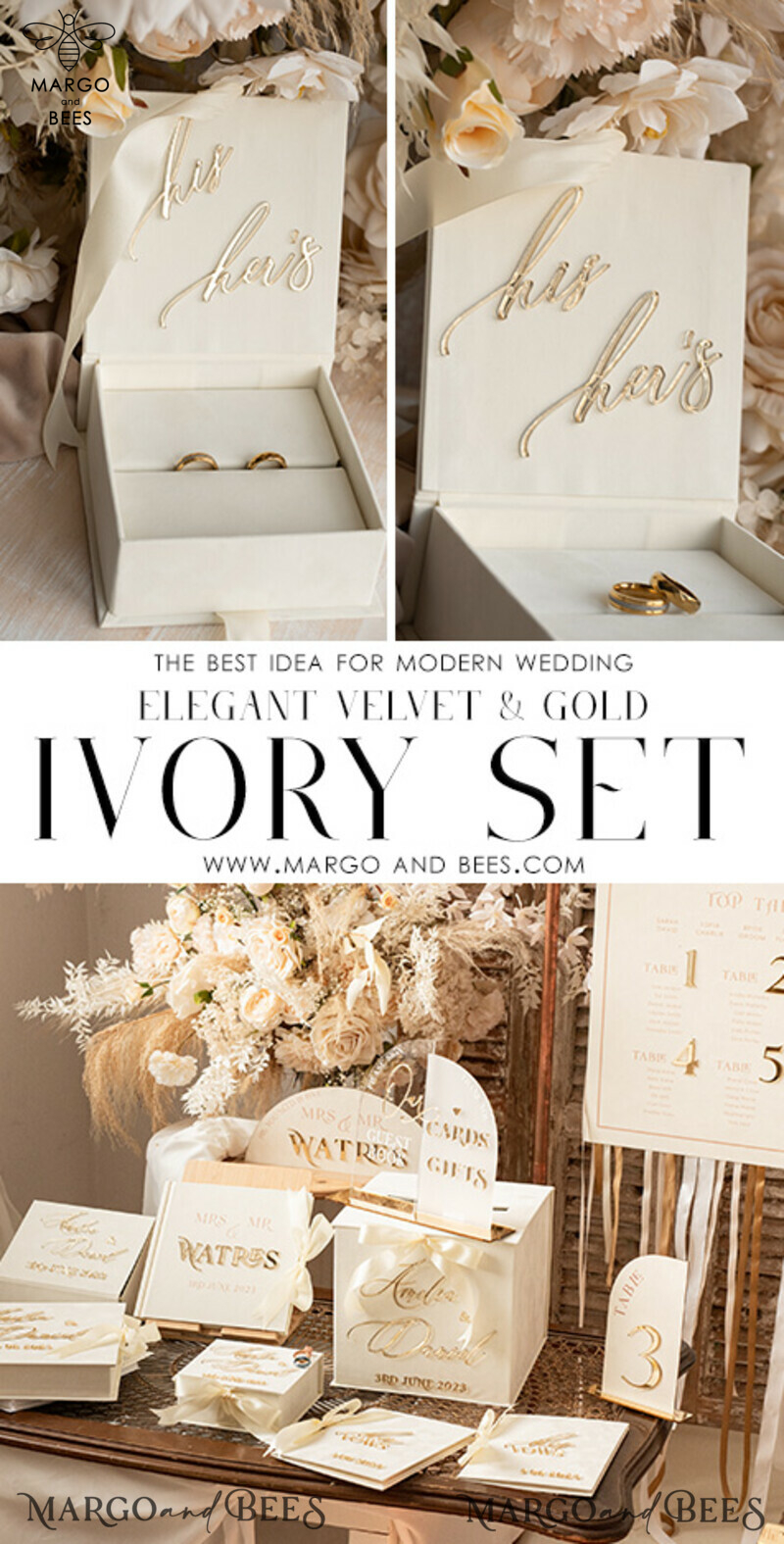 Luxury Ivory Wedding Ring Boxes: His and Hers Velvet Golden Double Box for a Garden Wedding-11