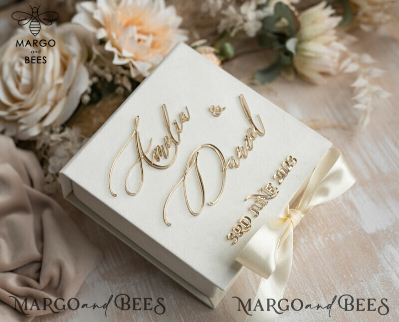Luxury Ivory Wedding Ring Boxes: His and Hers Velvet Golden Double Box for a Garden Wedding-19