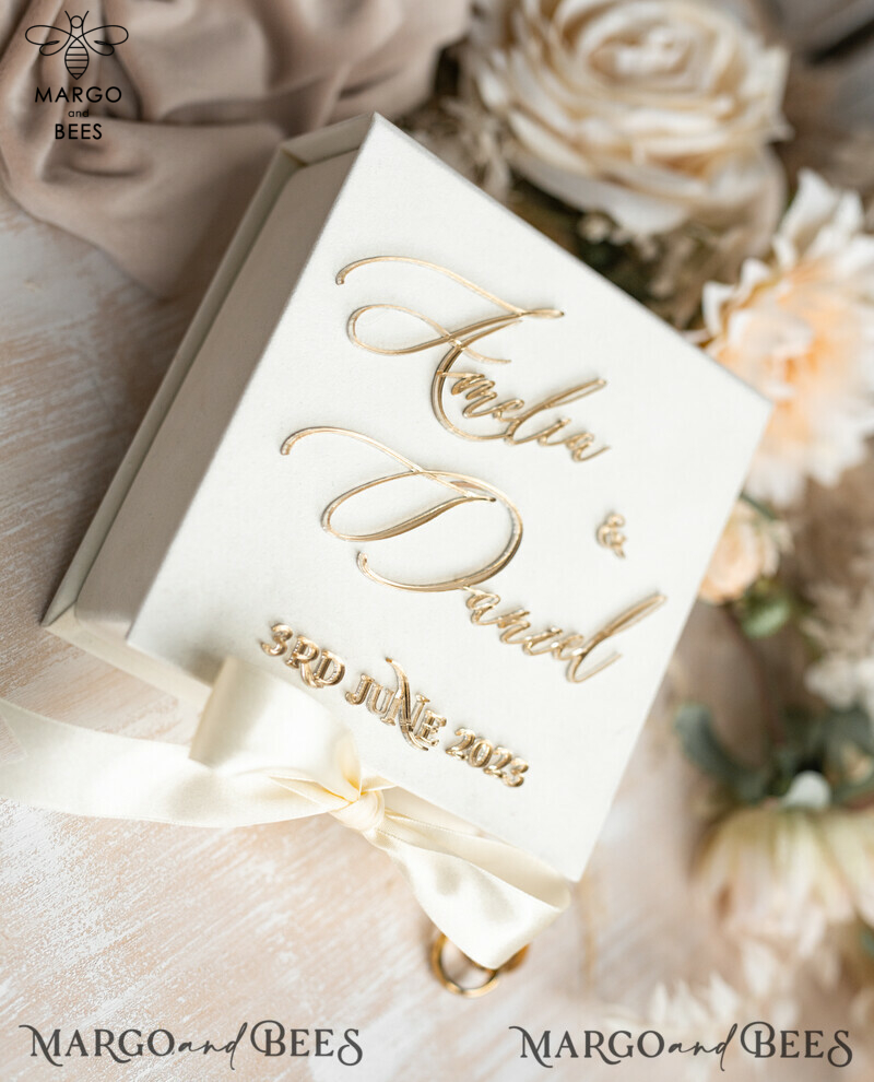 Luxury Ivory Wedding Ring Boxes: His and Hers Velvet Golden Double Box for a Garden Wedding-14