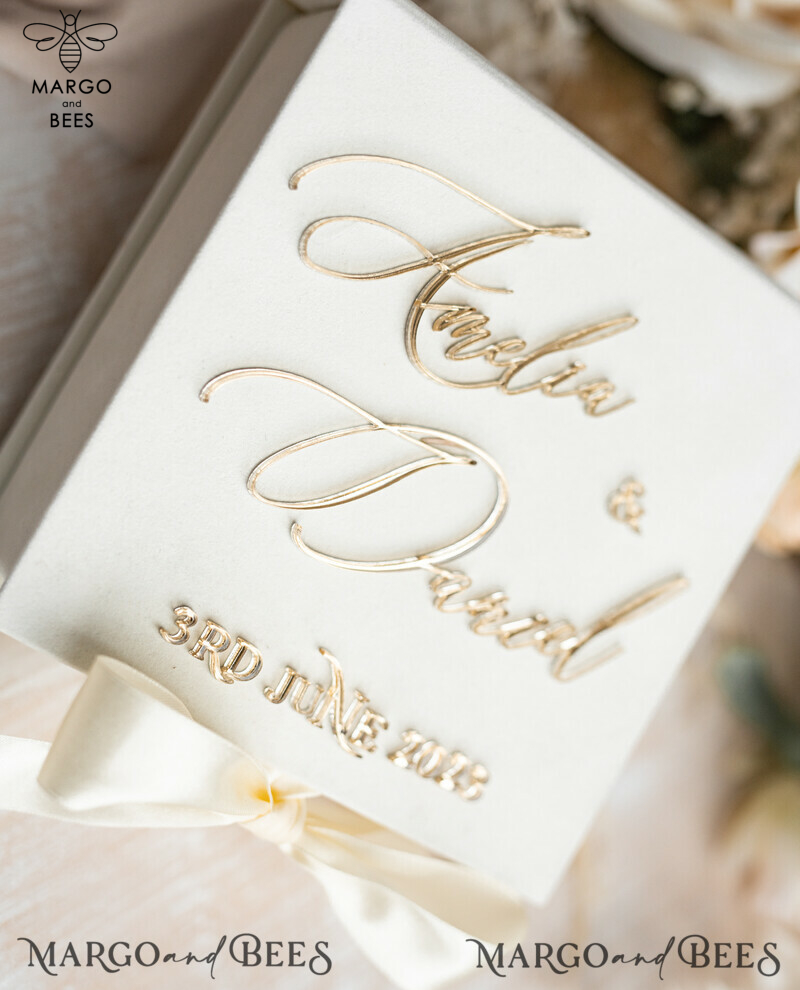 Luxury Ivory Wedding Ring Boxes: His and Hers Velvet Golden Double Box for a Garden Wedding-15