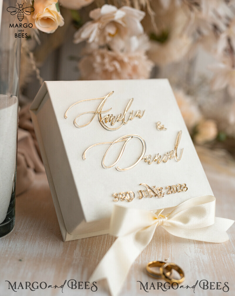 Luxury Ivory Wedding Ring Boxes: His and Hers Velvet Golden Double Box for a Garden Wedding-0
