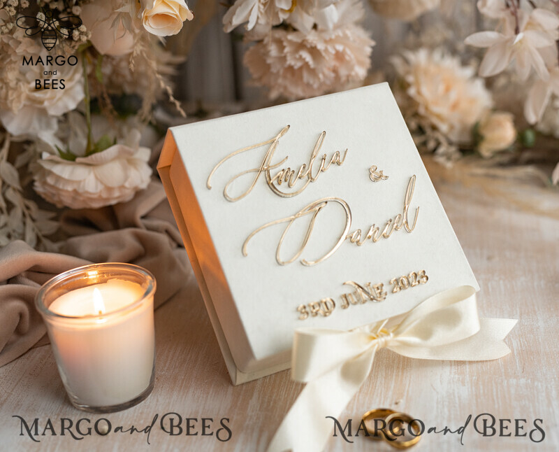 Luxury Ivory Wedding Ring Boxes: His and Hers Velvet Golden Double Box for a Garden Wedding-2