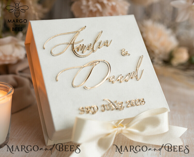 Luxury Ivory Wedding Ring Boxes: His and Hers Velvet Golden Double Box for a Garden Wedding-4