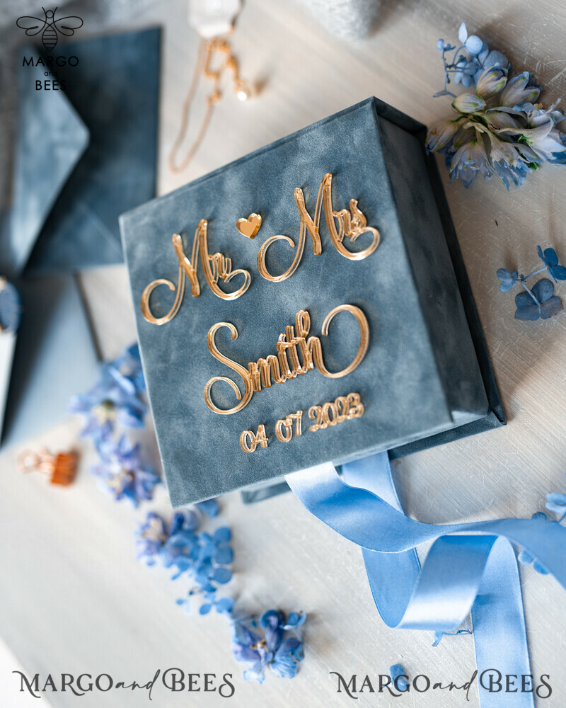 Dusty Blue Golden Velvet Wedding Ring Box: A Luxurious Boho Glam Ceremony Essential for Three Rings-1