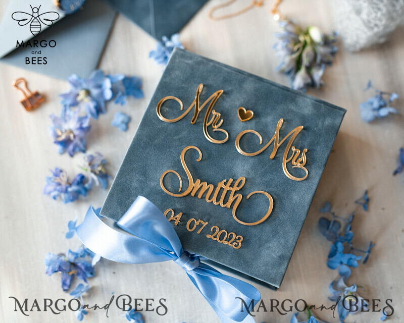 Dusty Blue Golden Velvet Wedding Ring Box: A Luxurious Boho Glam Ceremony Essential for Three Rings-6