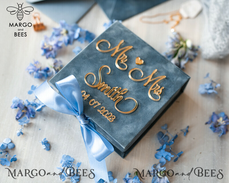 Dusty Blue Golden Velvet Wedding Ring Box: A Luxurious Boho Glam Ceremony Essential for Three Rings-0