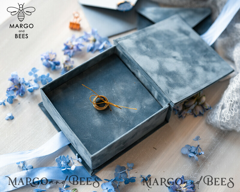 Dusty Blue Golden Velvet Wedding Ring Box: A Luxurious Boho Glam Ceremony Essential for Three Rings-7