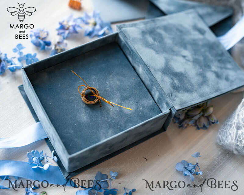 Dusty Blue Golden Velvet Wedding Ring Box: A Luxurious Boho Glam Ceremony Essential for Three Rings-8