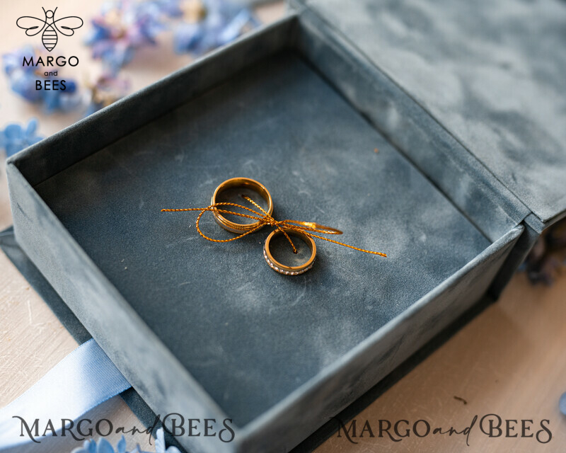 Dusty Blue Golden Velvet Wedding Ring Box: A Luxurious Boho Glam Ceremony Essential for Three Rings-10