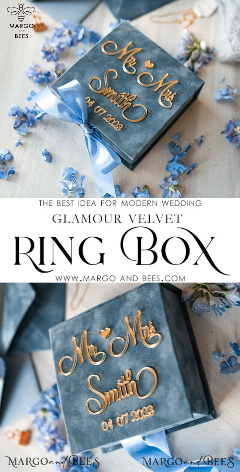 Dusty Blue Golden Velvet Wedding Ring Box: A Luxurious Boho Glam Ceremony Essential for Three Rings-3