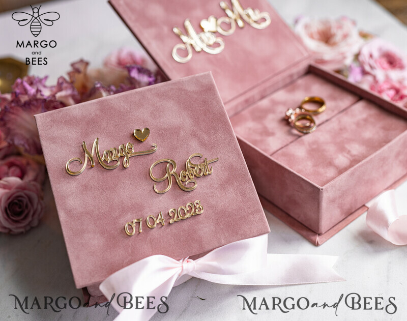 Ring Box for Wedding Ceremony 3 rings, Blush Pink Golden velvet Wedding Ring Box for ceremony ceremony velvet, Glamour Wedding Ring Boxes his hers, Luxury Velvet Ring box double Custom Colors-0