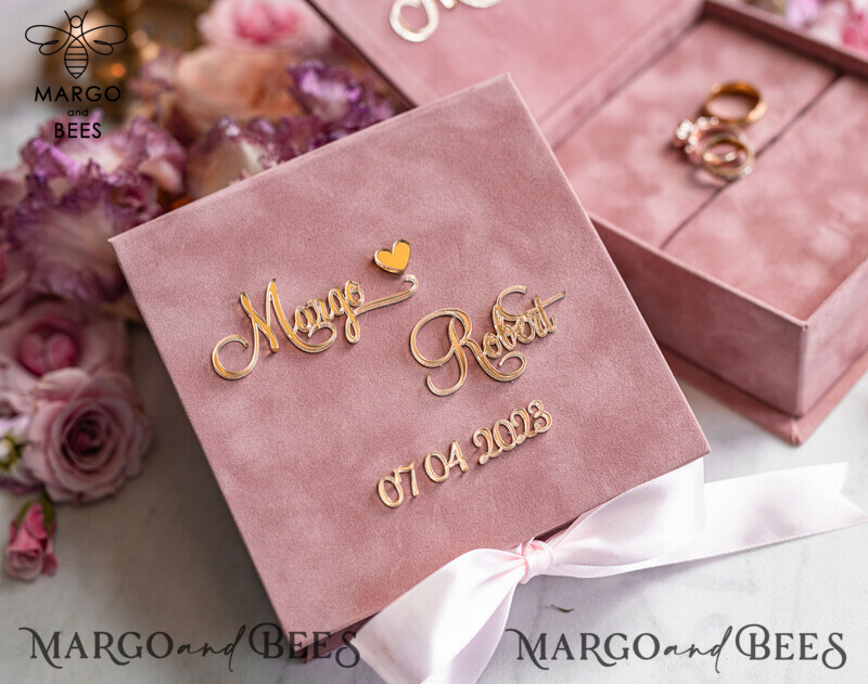 Ring Box for Wedding Ceremony 3 rings, Blush Pink Golden velvet Wedding Ring Box for ceremony ceremony velvet, Glamour Wedding Ring Boxes his hers, Luxury Velvet Ring box double Custom Colors-2