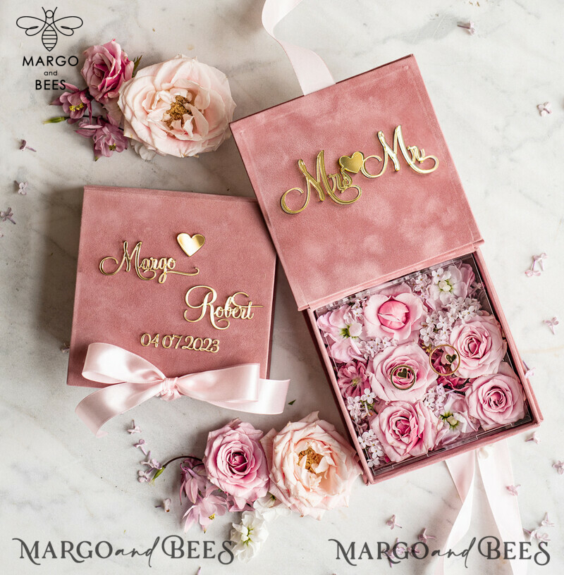 Luxury Blush Pink Golden Velvet Wedding Ring Box for Ceremony - Boho Glam His Hers Ring Boxes with Custom Colors-0