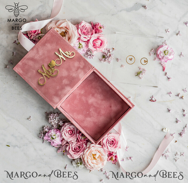 Luxury Blush Pink Golden Velvet Wedding Ring Box for Ceremony - Boho Glam His Hers Ring Boxes with Custom Colors-2