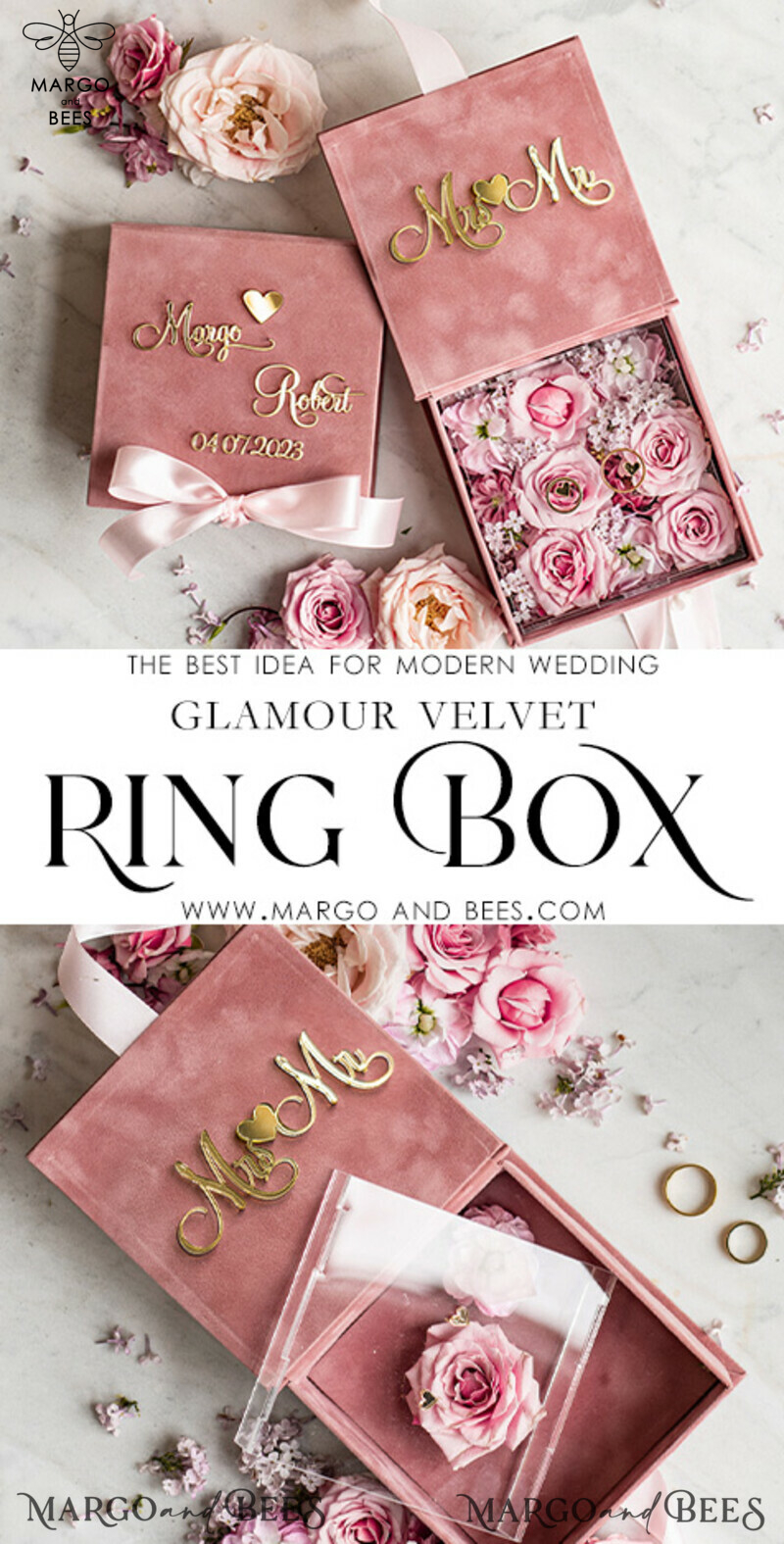 Luxury Blush Pink Golden Velvet Wedding Ring Box for Ceremony - Boho Glam His Hers Ring Boxes with Custom Colors-3