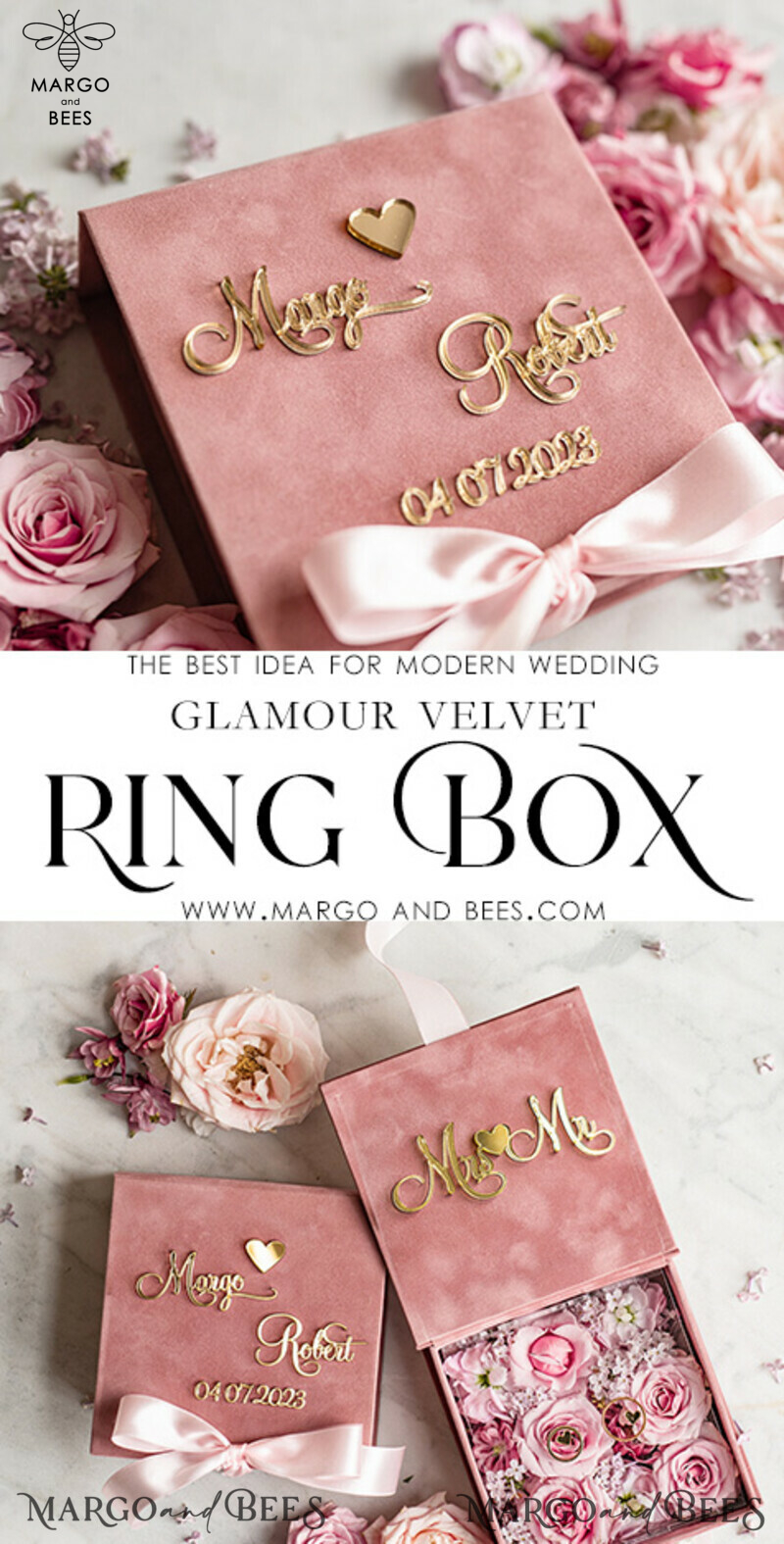 Luxury Blush Pink Golden Velvet Wedding Ring Box for Ceremony - Boho Glam His Hers Ring Boxes with Custom Colors-7