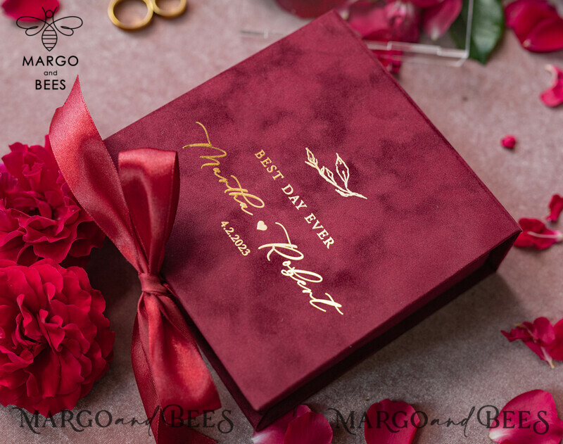Luxurious Marsala Gold Velvet Acrylic Wedding Rings Box: A Glamorous Maroon and Gold Touch for your Special Day-4