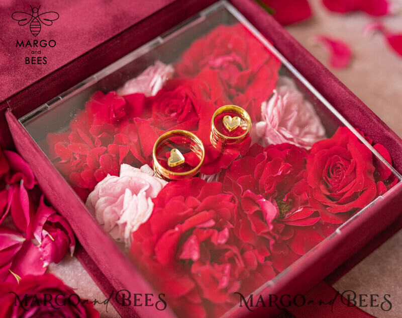 Luxurious Marsala Gold Velvet Acrylic Wedding Rings Box: A Glamorous Maroon and Gold Touch for your Special Day-11