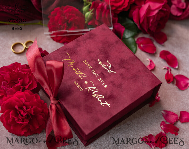 Luxurious Marsala Gold Velvet Acrylic Wedding Rings Box: A Glamorous Maroon and Gold Touch for your Special Day-5