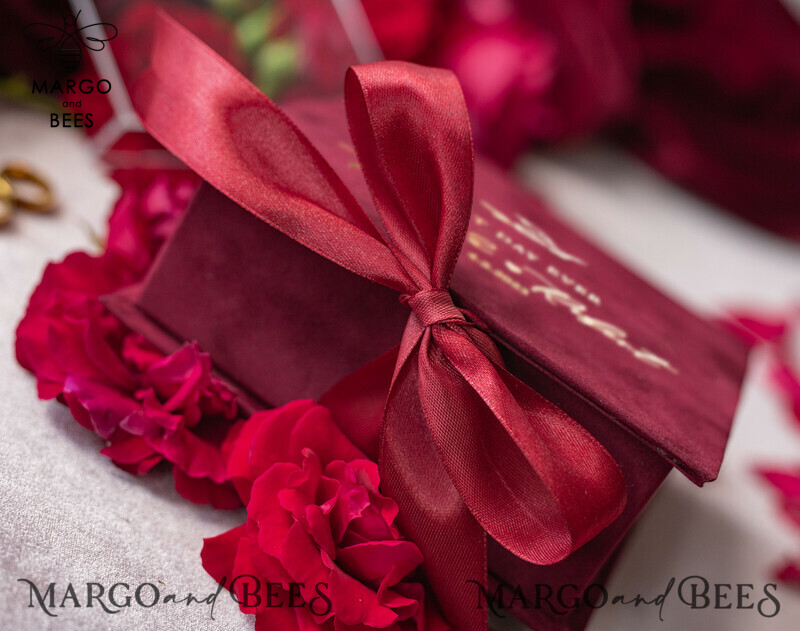 Luxurious Marsala Gold Velvet Acrylic Wedding Rings Box: A Glamorous Maroon and Gold Touch for your Special Day-6