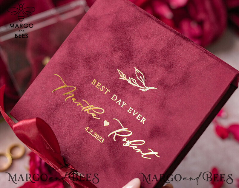Luxurious Marsala Gold Velvet Acrylic Wedding Rings Box: A Glamorous Maroon and Gold Touch for your Special Day-0