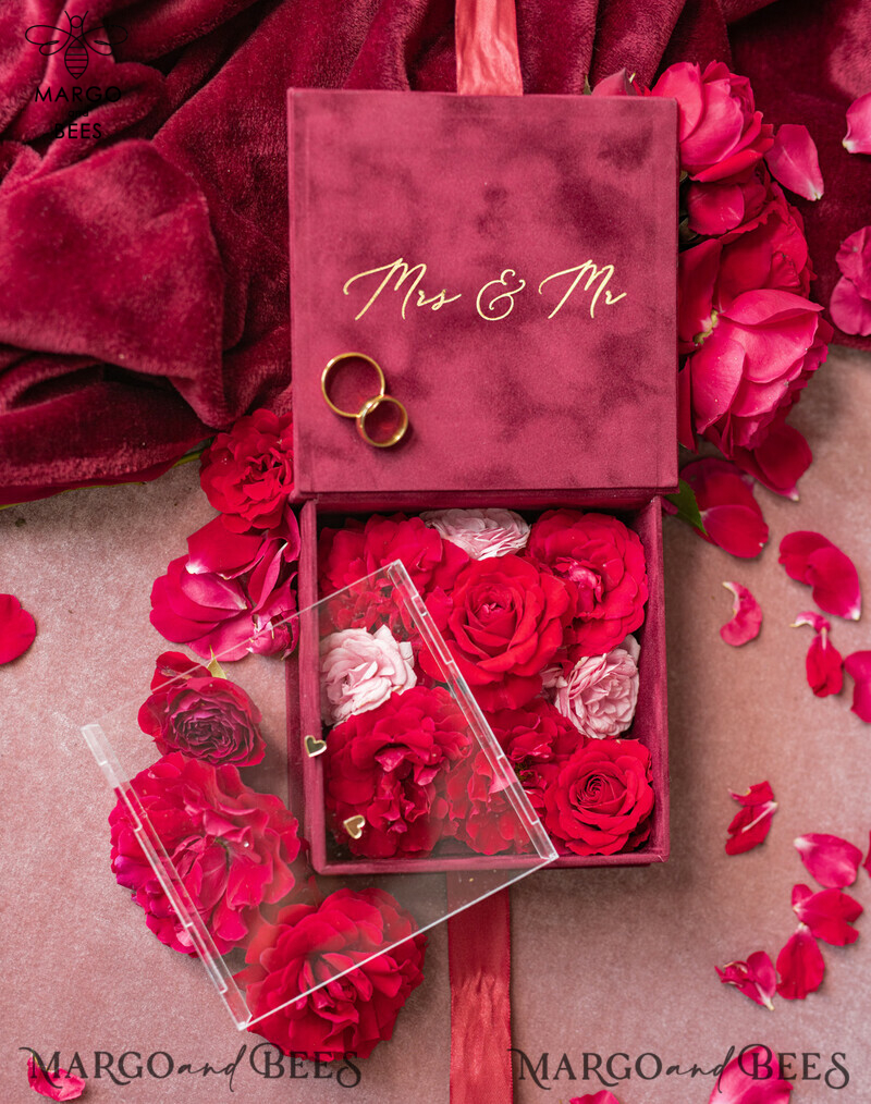Luxurious Marsala Gold Velvet Acrylic Wedding Rings Box: A Glamorous Maroon and Gold Touch for your Special Day-2
