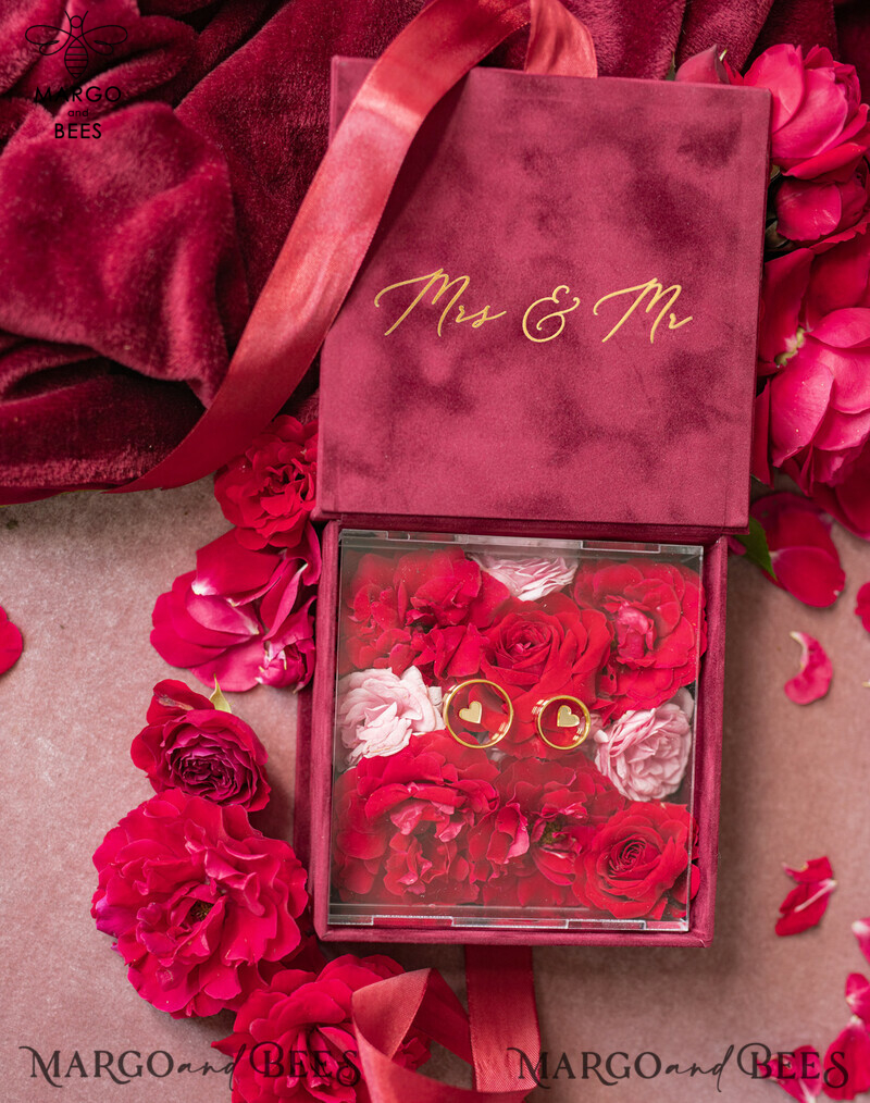 Luxurious Marsala Gold Velvet Acrylic Wedding Rings Box: A Glamorous Maroon and Gold Touch for your Special Day-8