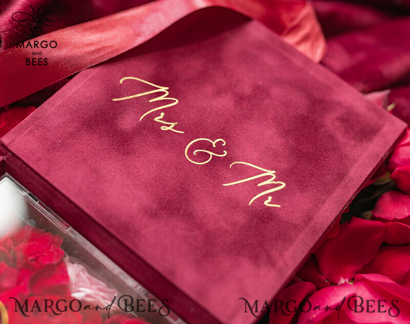 Luxurious Marsala Gold Velvet Acrylic Wedding Rings Box: A Glamorous Maroon and Gold Touch for your Special Day-9