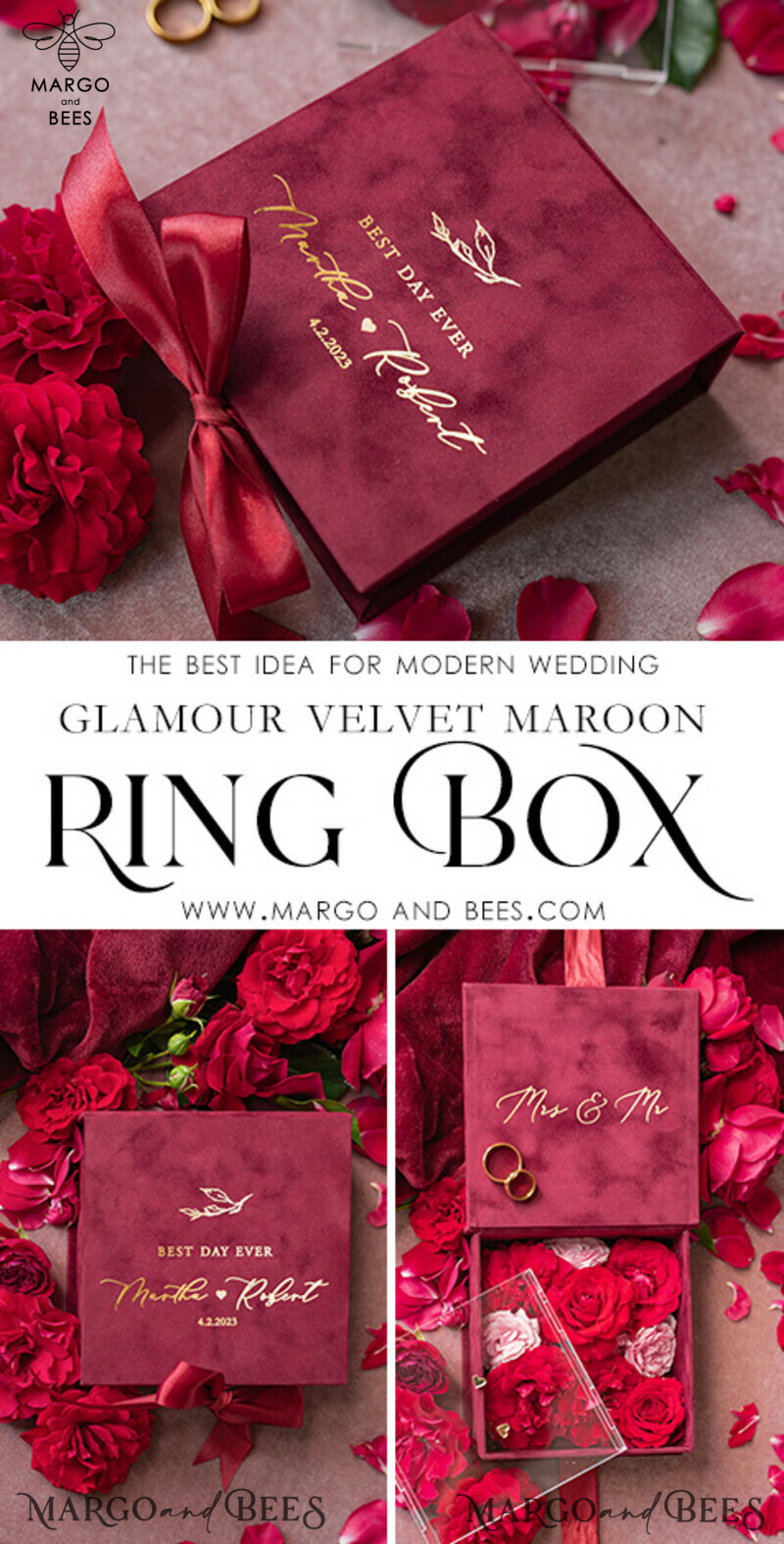 Luxurious Marsala Gold Velvet Acrylic Wedding Rings Box: A Glamorous Maroon and Gold Touch for your Special Day-3