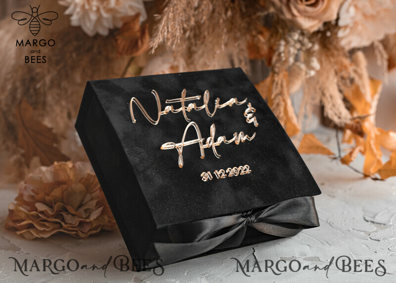 Black Golden Velvet Wedding Ring Box for Ceremony: Luxury Velvet Ring Box (Double) in Custom Colors for Boho Glam Wedding Ceremony with 3 Rings-10