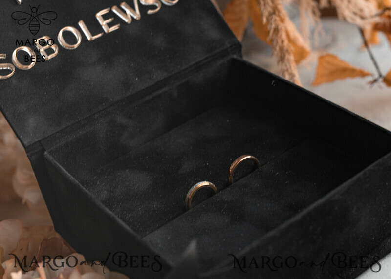 Black Golden Velvet Wedding Ring Box for Ceremony: Luxury Velvet Ring Box (Double) in Custom Colors for Boho Glam Wedding Ceremony with 3 Rings-15