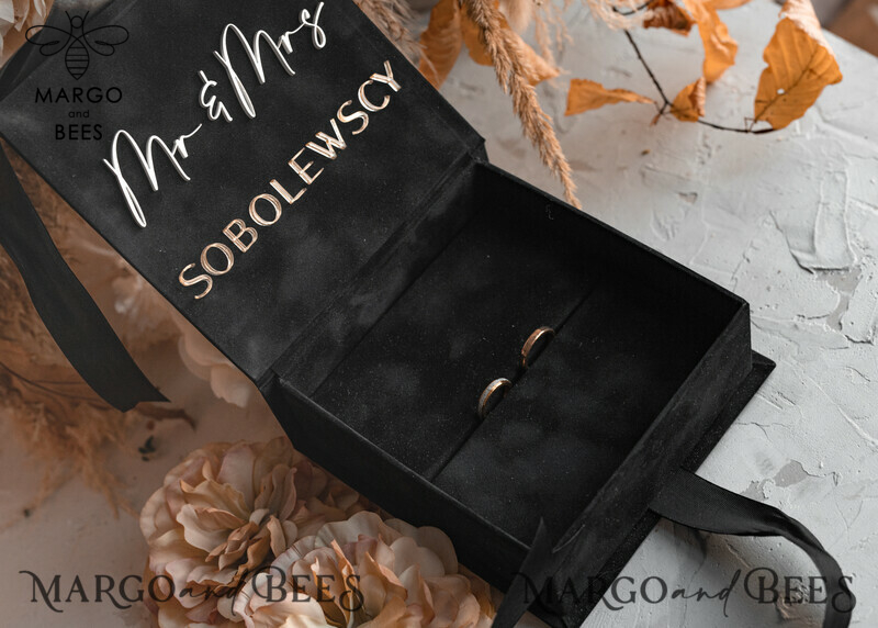 Black Golden Velvet Wedding Ring Box for Ceremony: Luxury Velvet Ring Box (Double) in Custom Colors for Boho Glam Wedding Ceremony with 3 Rings-16